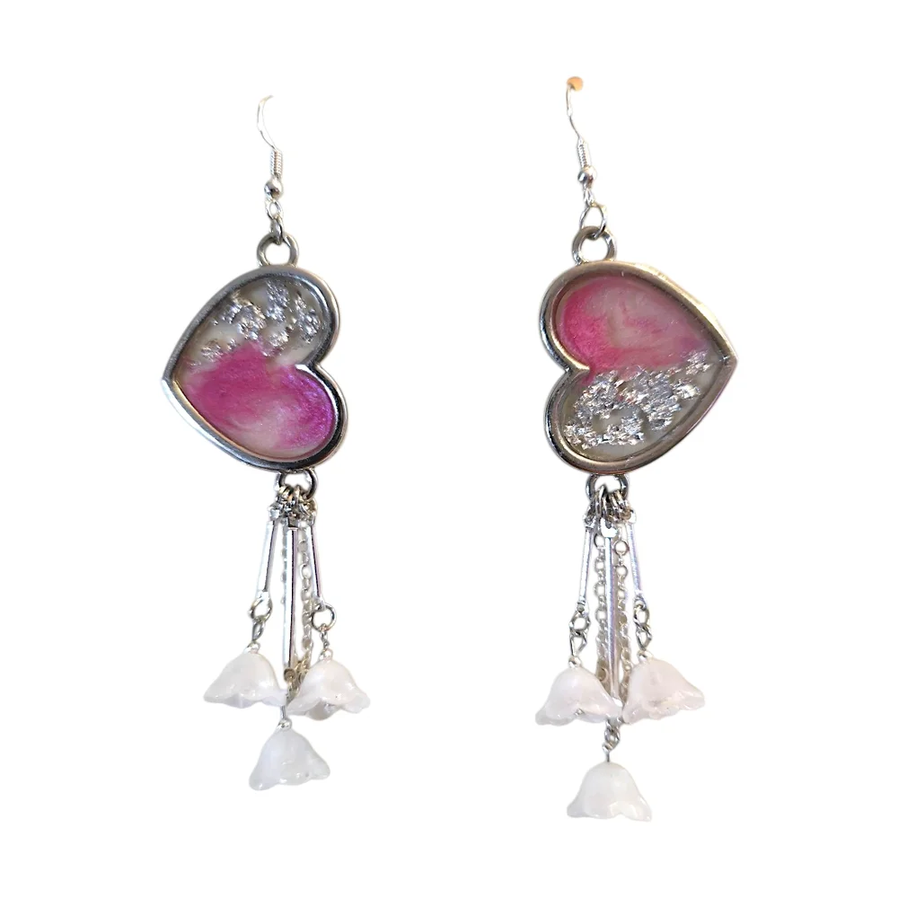 Handcrafted Heart-Shaped Bezeled Pink and Silver Flaked Earrings - Picture 3 of 6